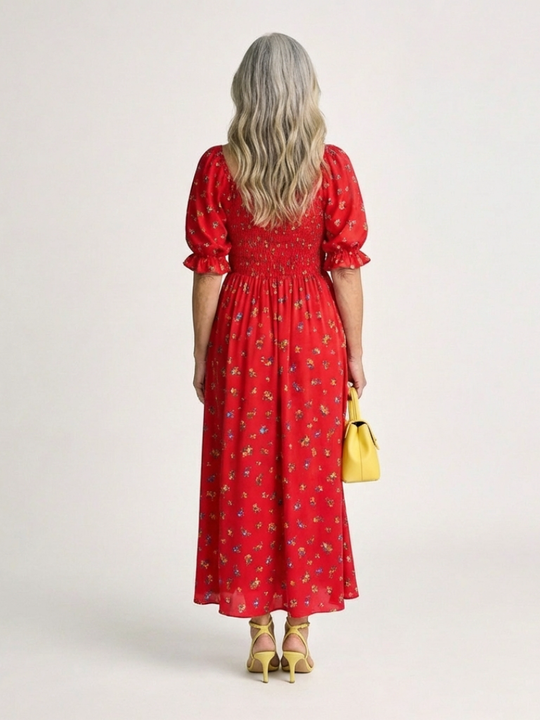 Delphine | Square Neck Floral Puff Sleeve Midi Dress