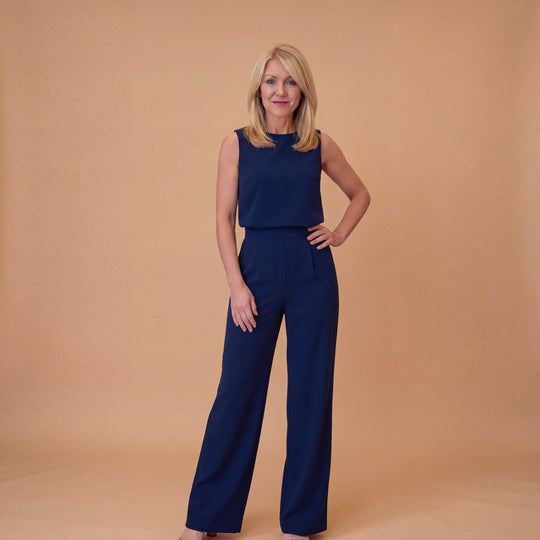 Wide Leg Jumpsuit – Round Neck Mid-Waist Fit for Elegant Styling